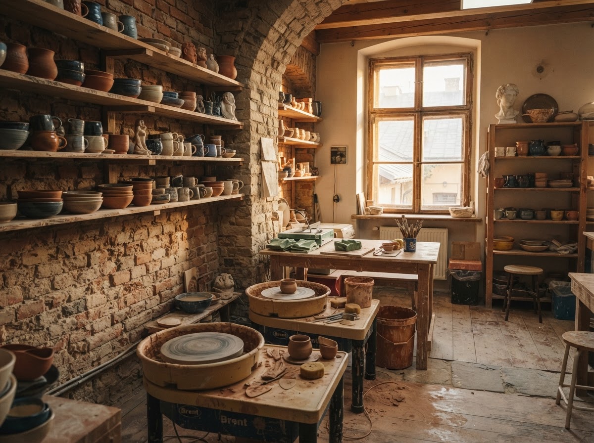 Wnętrze pracowni z ceglaną ścianą i półkami z ceramiką